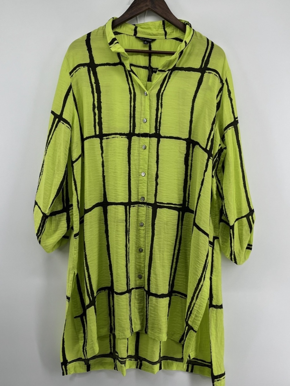 Lightweight Lime Green Windowpane Button-Up Coverup